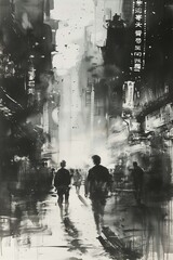 Obraz premium A dramatic city scene with silhouettes walking through a rainy urban environment.