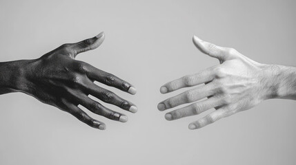 Obraz premium A close-up handshake of two hands, one black and one white on a grey background. Concept interracial friendship, respect, and unity, emphasizing equality, solidarity, fight against racism. Copy space