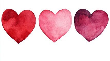 Obraz premium Three watercolor hearts in varying shades of red and pink, symbolizing love and affection.