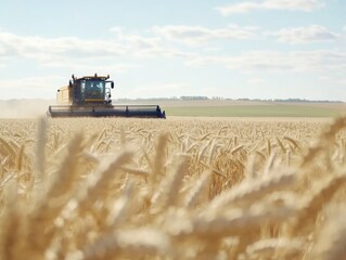 Naklejka premium A combine harvester efficiently working in a vast golden wheat field under a clear sky, capturing the essence of agricultural productivity.