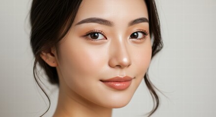 Fototapeta premium A close-up portrait of a young woman with a natural look, showcasing her smooth skin and subtle makeup against a soft, neutral background