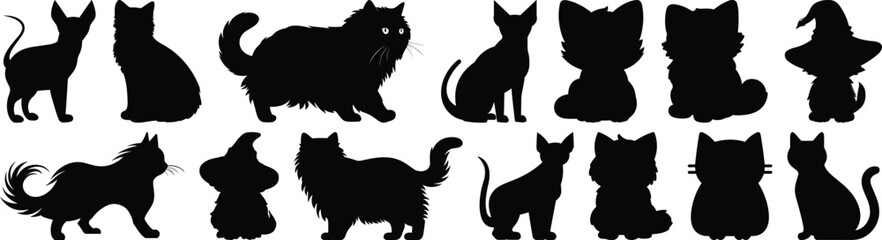 Cat silhouettes set, animal pack of vector silhouette design, isolated background