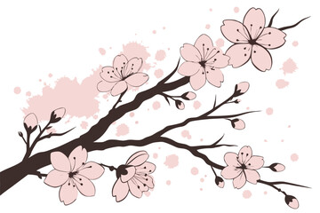  Cherry blossom branch, watercolor painting, ink splatter, delicate pink petals, black tree limbs, Japanese art style, ethereal, spring theme, minimalist composition, soft background, blooming flowers