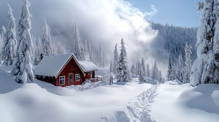 Winter wonderland with snow-covered trees, quiet cabin in the background, magical and serene 