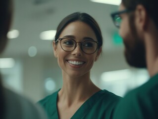 Fototapeta premium Two nurses in green scrubs share a candid moment, laughing and chatting, in a well-lit hospital setting.
