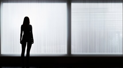 Fototapeta premium Silhouette of young female standing by large window with sheer curtains