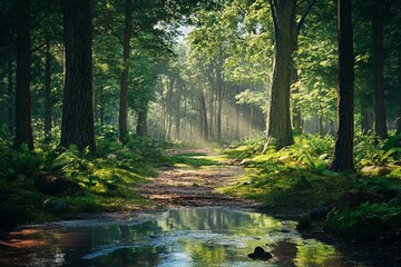 Obraz premium Sunlight filters through the trees in a serene forest pathway on a tranquil morning