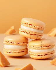 Fototapeta premium Delicious closeup of cracked creamy-filled macaron food soft focus gourmet dessert