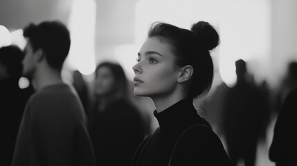 Fototapeta premium Young caucasian female with bun in black and white crowd scene