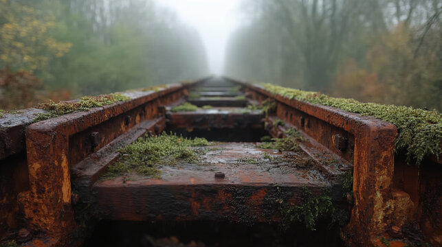 Abandoned railway tracks covered in moss against foggy forest background. Nature reclaiming industrial infrastructure in atmospheric setting