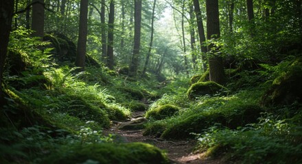 Fototapeta premium A serene forest scene with lush greenery, soft light filtering through trees