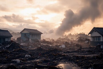 Destruction and despair linger in the aftermath of a powerful natural disaster at dusk
