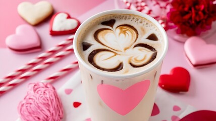 Heart-shaped coffee ice cubes in a creamy iced latte, served in a transparent glass with romantic pink and red accents