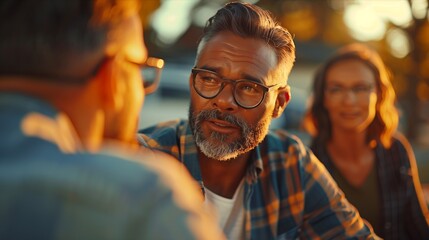 Fototapeta premium A group of friends enjoying a sunset conversation outdoors.