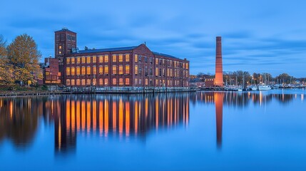 Naklejka premium Serene Twilight at the Historic Riverfront Mill Complex