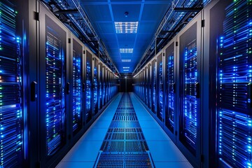 Fototapeta premium A high-tech server room illuminated with blue lights showcasing modern servers.