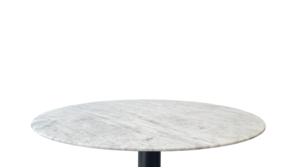 studio shot of a round, polished carrara marble stone tabletop isolated on a background with clipping path, suitable for use as a dining, display surface, advertising. round side table for design.