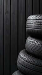 Obraz premium A stack of new tires is neatly piled against a dark black background, emphasizing their fresh tread patterns and robust texture.