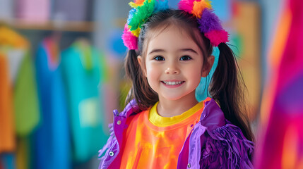Fototapeta premium A joyful girl in bright clothes beams with happiness in a vibrant indoor space