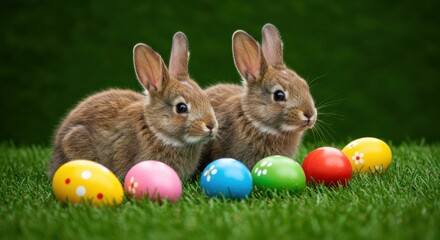 Fototapeta premium Little Easter bunny and Easter eggs on green grass