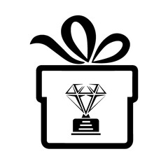 A diamond is displayed in a gift box. The diamond is the main focus of the image. The box is black and white, and the diamond is outlined in black