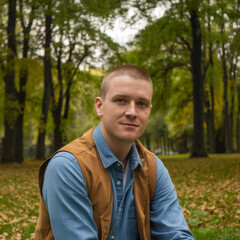Casual dressed man enjoying the peaceful outdoors in a wooded area
