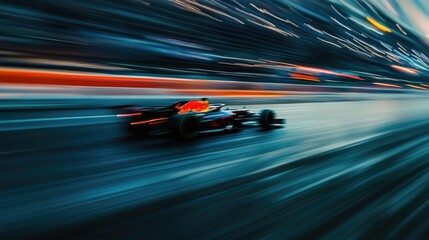 Racing car at high speed. A racer on a racing car passes the track. Motor sports competitive team racing. Motion blur background.