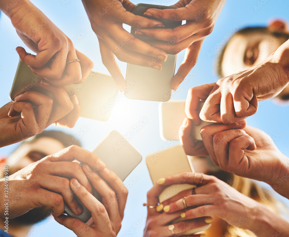 Poster people, hands and below with phone for network, communication or data sync under blue sky. low angle
