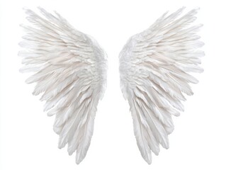 Fototapeta premium A pair of isolated white angel wings depicted in cinematic 8k detail against a plain background, showcasing fine textures and an ethereal quality.