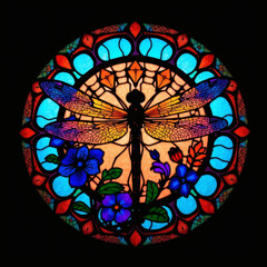 Vibrant dragonfly stained glass artwork radiates color in artistic display