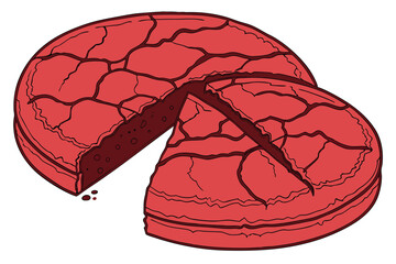 Red velvet cookie, circular shape, cracked surface, vibrant crimson color, rich texture, baked goods, close-up photography, white background, high contrast, detailed crumb structure, gourmet dessert, 