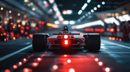 Racing cars line up at the starting line with lights