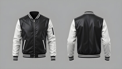 Retro black and white varsity jacket illustration. A trendy unisex bomber jacket ideal for university, sports teams, winter fashion, and streetwear. Isolated template for apparel branding and design.