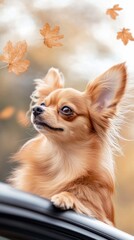 Obraz premium A happy dog with fluffy fur leans out of a car window, enjoying the breeze amidst falling autumn leaves.