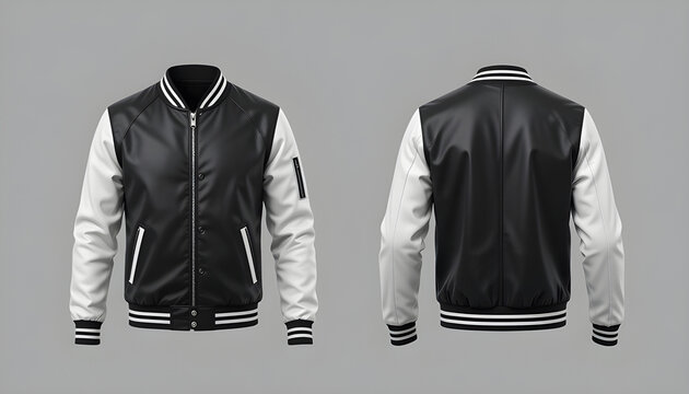 Retro black and white varsity jacket illustration. A trendy unisex bomber jacket ideal for university, sports teams, winter fashion, and streetwear. Isolated template for apparel branding and design.