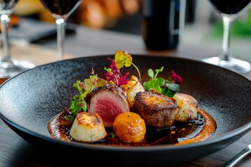 Culinary artistry on a plate showcasing gourmet ingredients in a refined dining atmosphere