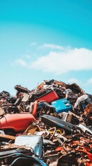 Fototapeta premium A vibrant pile of discarded electronic waste under a clear blue sky, showcasing various colored appliances and components ready for recycling.