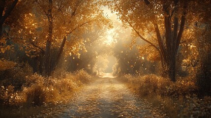 Obraz premium Autumn forest with golden leaves and soft light, tranquil path leading through the trees 