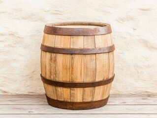 An old wooden barrel stands isolated against a textured wall, capturing a rustic and natural essence in cinematic 8k detail.