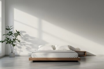 Fototapeta premium A minimalist bedroom featuring a wooden bed frame, plush white bedding, and a potted plant, illuminated by soft light streaming through large windows.