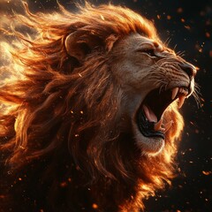 Fiery Lion Roaring With Intense Power And Burning Mane Against Dark Background