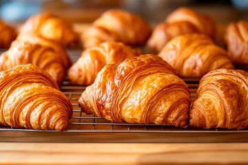 Freshly baked croissants cooling on a wire rack in a cozy bakery kitchen