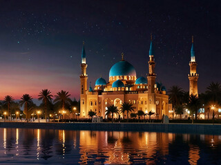 Fototapeta premium Ramadan Tranquility: A Grand Mosque with Golden Domes and Minarets