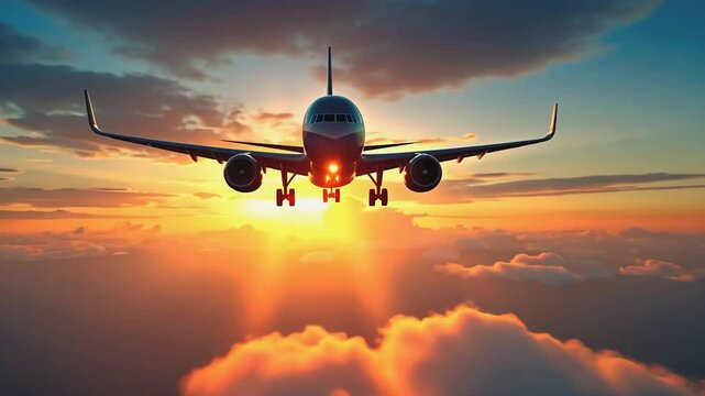 Commercial airplane flying directly towards the viewer with its landing lights on, against a glowing sunset sky. Warm hues of orange and red reflect on the aircraft. Concept of aviation 