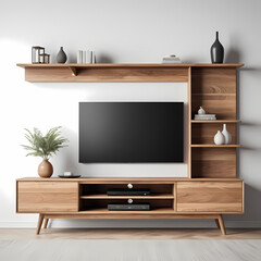 Sleek wooden TV unit with open shelving, isolated on a white or transparent background.