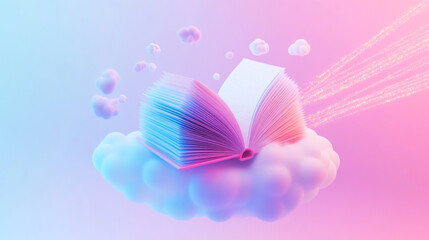 Fototapeta premium Open book floating on cloud imaginative concept dreamy environment digital art