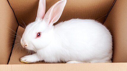Obraz premium White rabbit in cardboard box, studio shot, Easter