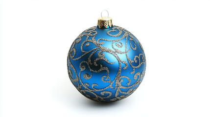 A blue Christmas ball ornament is shown in isolation on a white background.