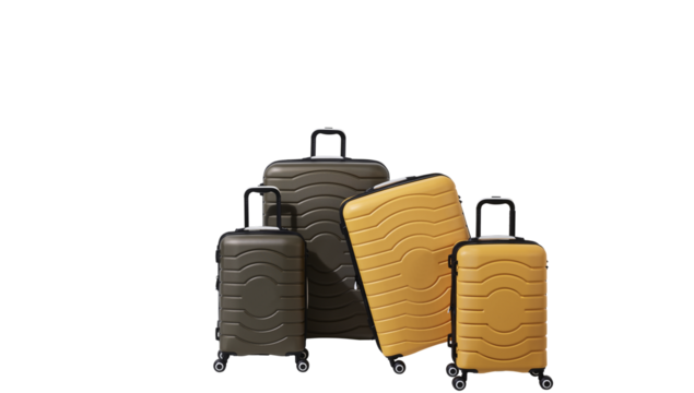Luggage suitcase with extended handle, isolated on transparent background + clipping path. Trolley wheeled travel weekend bags. PNG format.