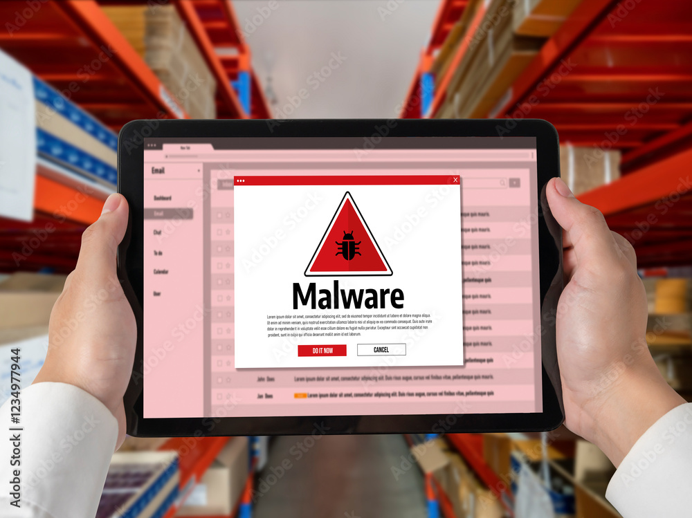 Poster cyber attacking concept. malware alert showing on computer screen display scam and threat detection 